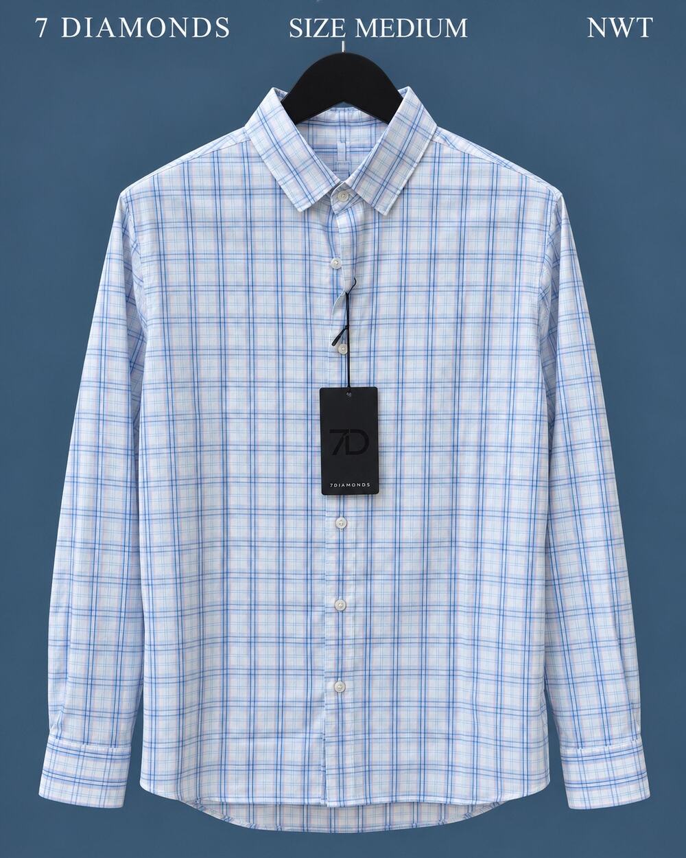 7 Diamonds Legacy Assisi Shirt Mens Medium Blue Plaid Supima Cotton NWT $128